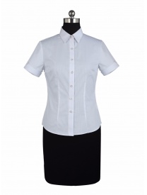 女式短袖白色竖条纹正规领衬衫