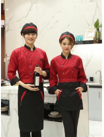 厨师服红衣黑领黑扣 红色